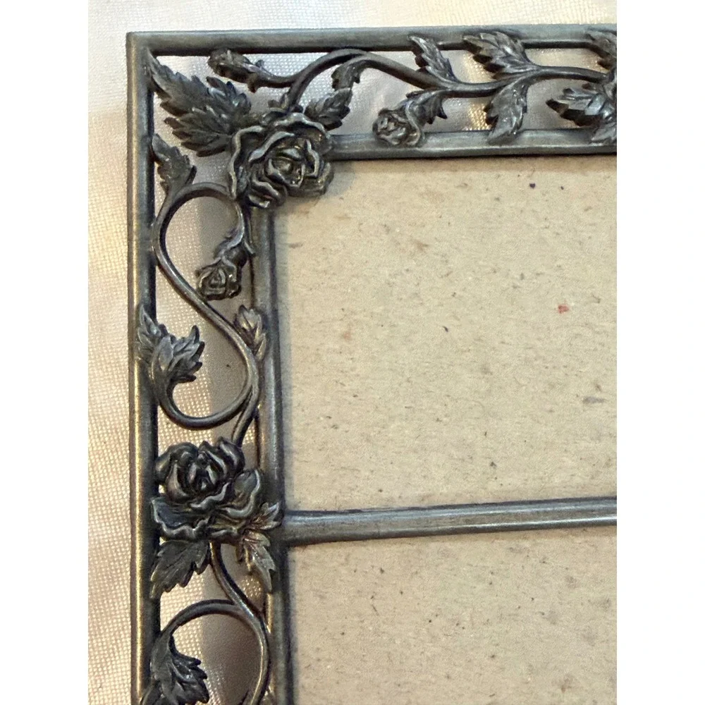 Vintage Pewter Tone Rose Filigree Double Photo Frame Floral 2x3 Horizontal